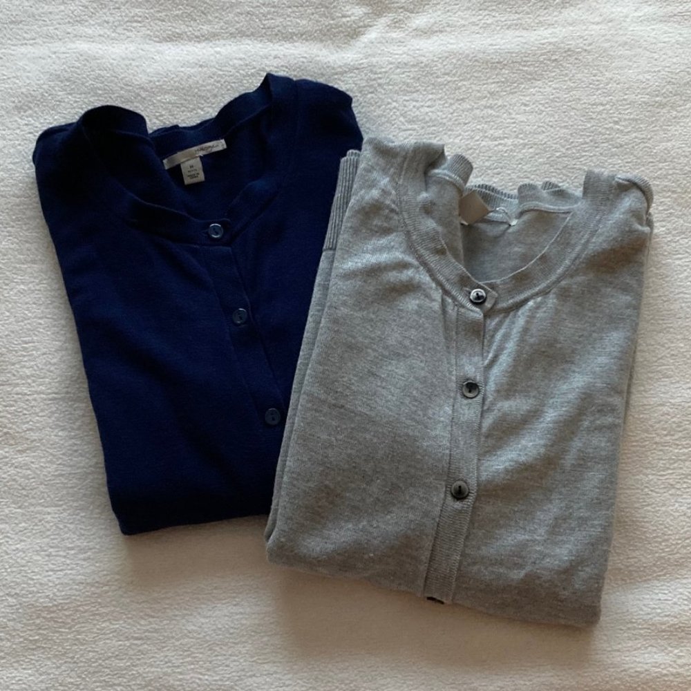 Two (2) Halogen cardigan sweaters three quarter sleeve grey/gray, navy